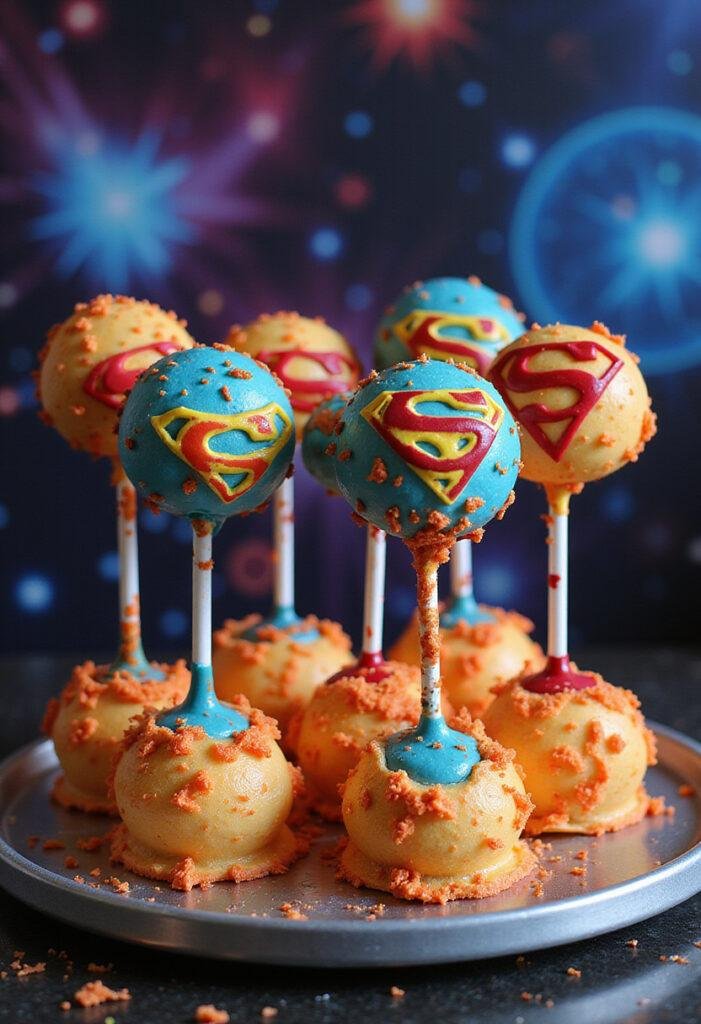 Superman Krypton Exploding Planet Cake Pops in a superhero-themed scene with cosmic and explosive details, perfect for comic book fans.