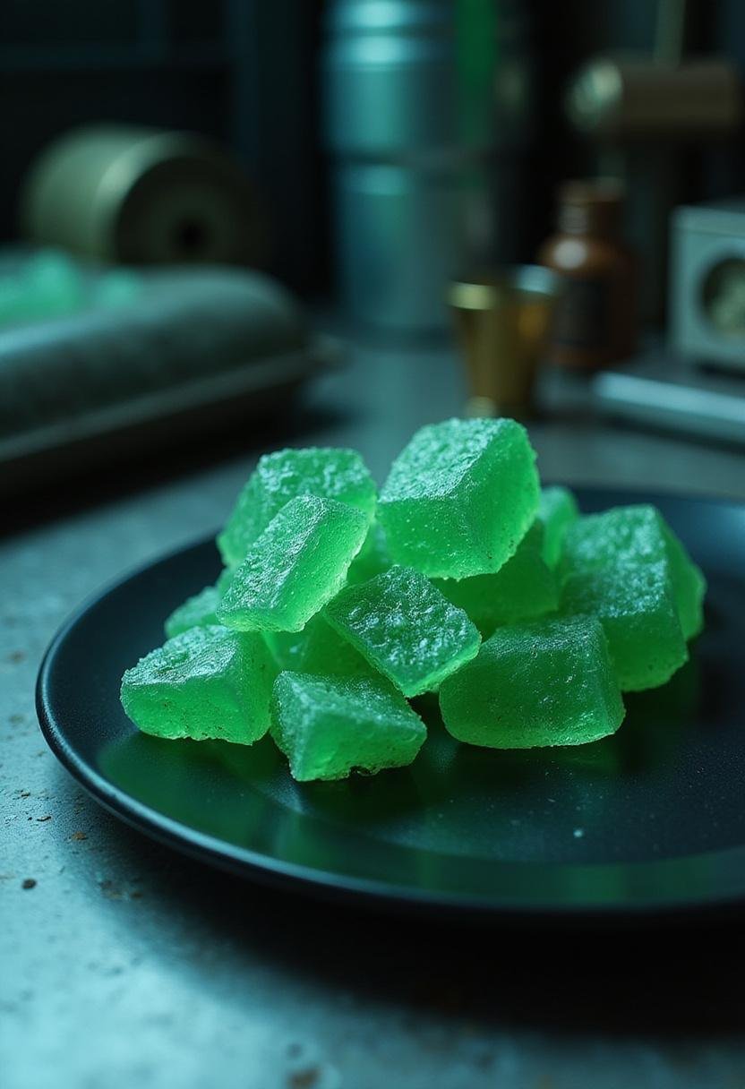 Superman Lex Luthor's Kryptonite Green Rock Candy displayed on a plate in a superhero-themed setting with glowing green crystals.