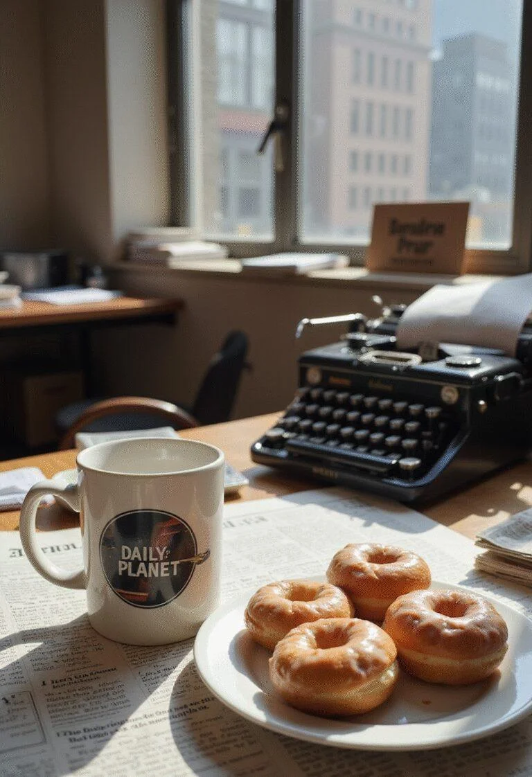 Superman Lois Lane's Daily Planet coffee and donuts on her desk in a realistic newsroom scene inspired by Superman.