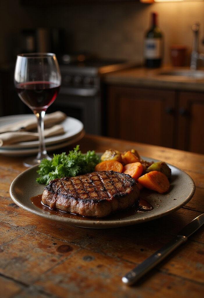 Superman Man of Steel Steak Dinner featuring a juicy grilled beef steak with roasted vegetables in a superhero-themed kitchen setting