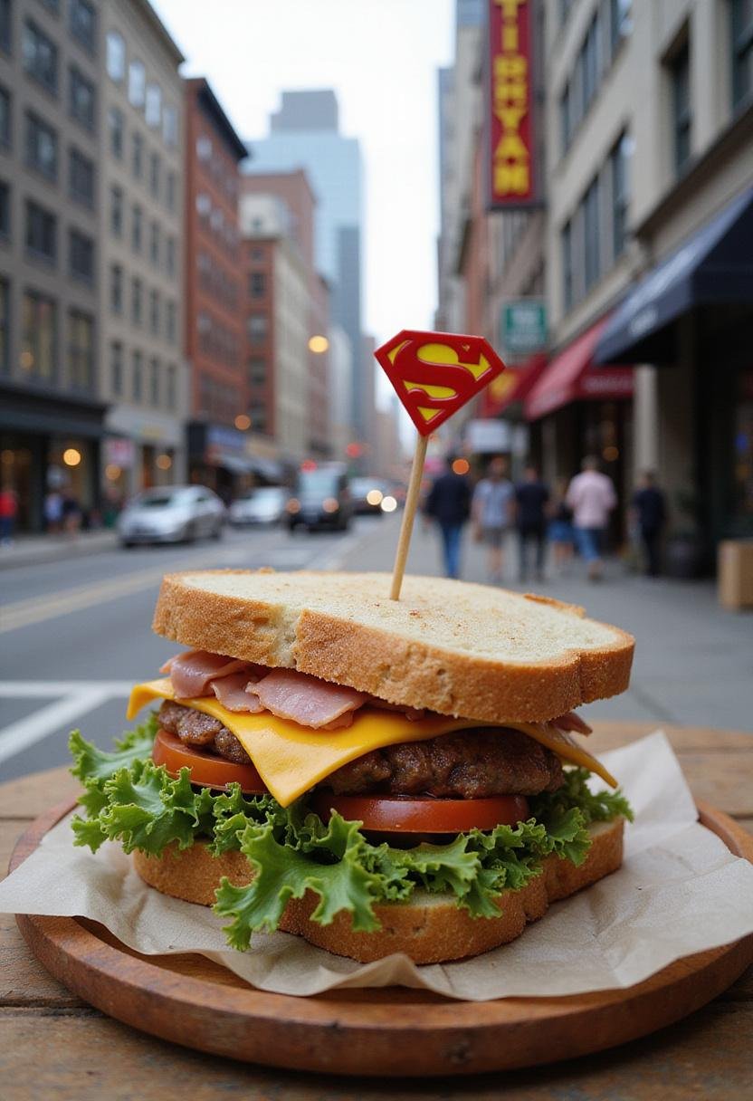 Superman Metropolis Hero Sandwich on a wooden board with city scene background, featuring fresh deli fillings and hearty bread, inspired by Metropolis.