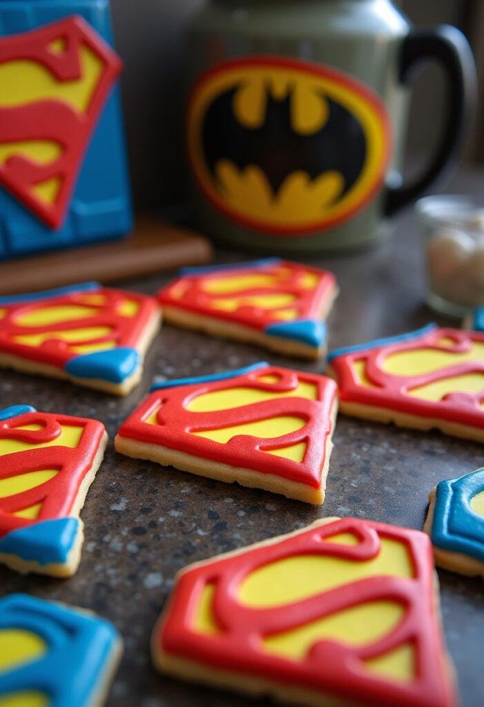 Superman S Shield sugar cookies decorated with royal icing in a superhero-themed kitchen scene.