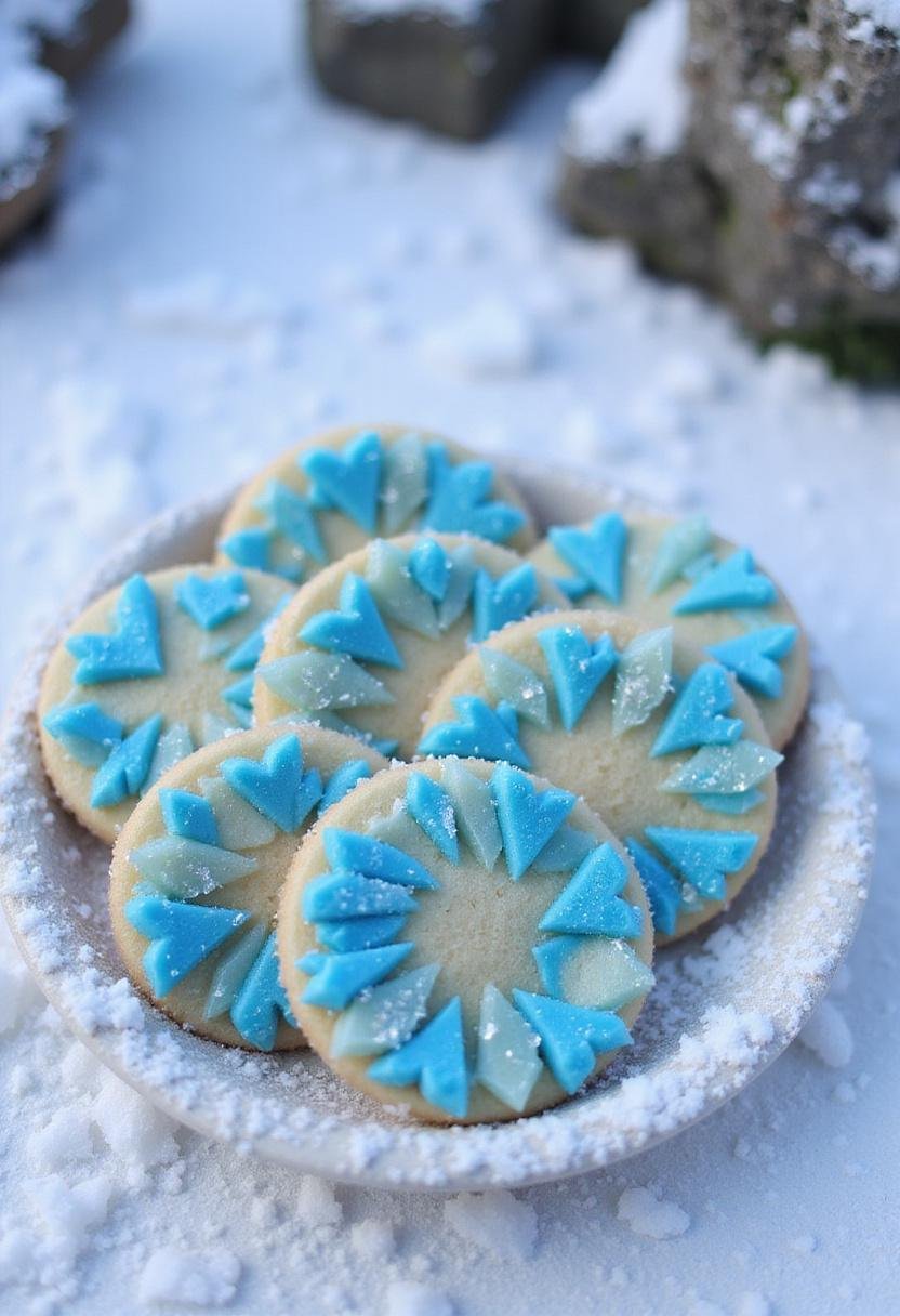 Superman Fortress of Solitude Crystal Shard Sugar Cookies decorated with icy crystals on a snowy plate, inspired by the movie's icy fortress scene.