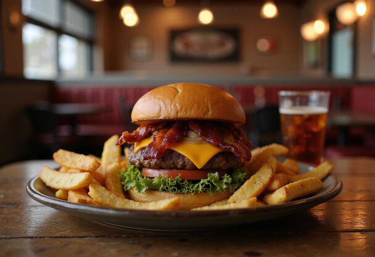 Supernatural's Dean's bacon cheeseburger plated in a cozy diner setting with crispy bacon, melted cheese, and fresh vegetables, inspired by the show.