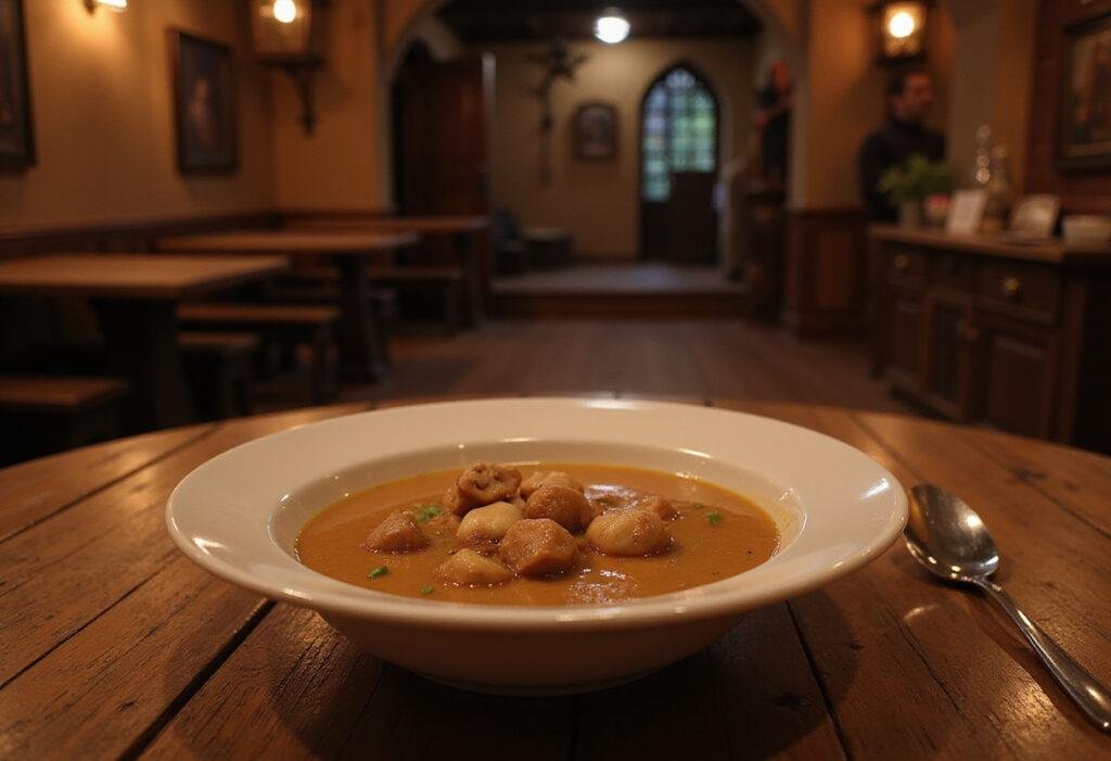 Tangled's Snuggly Duckling Hazelnut Soup served in a rustic tavern setting, highlighting the creamy hazelnut flavor in a medieval-inspired environment.