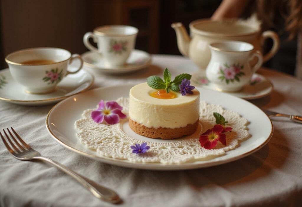 The Aristocats' crème de la crème à la Edgar cream dessert served in a vintage Parisian setting, inspired by Duchess and her kittens from the film.