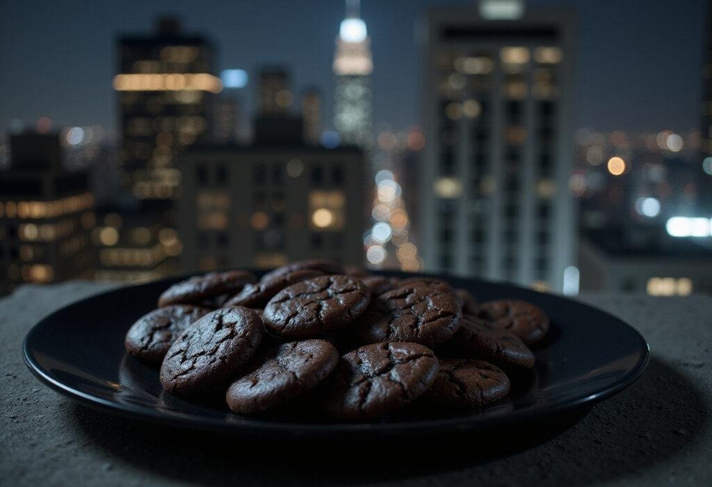 Dark chocolate cookies inspired by The Batman in a Gotham City rooftop scene