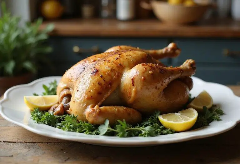 The Bear Carmy's Let it Rip Lemon-Garlic Roast Chicken served on a rustic table in a TV show-inspired kitchen, highlighting golden crispy skin and fresh herbs.