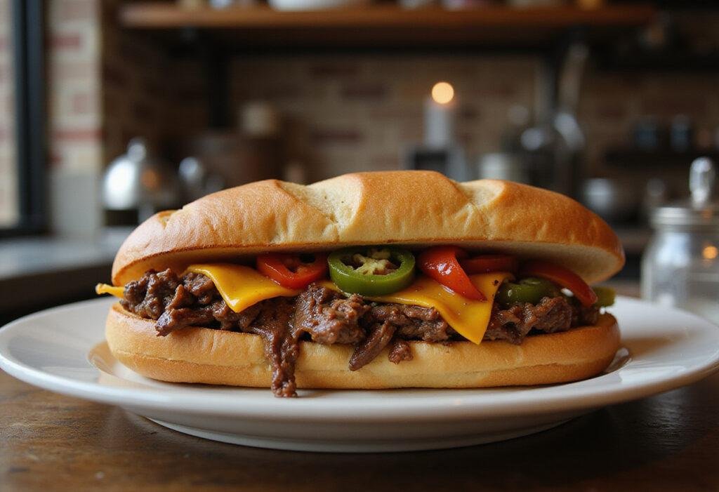 Italian beef sandwich plated in a rustic kitchen inspired by The Bear TV show, featuring seasoned beef, peppers, and melted cheese on crusty bread