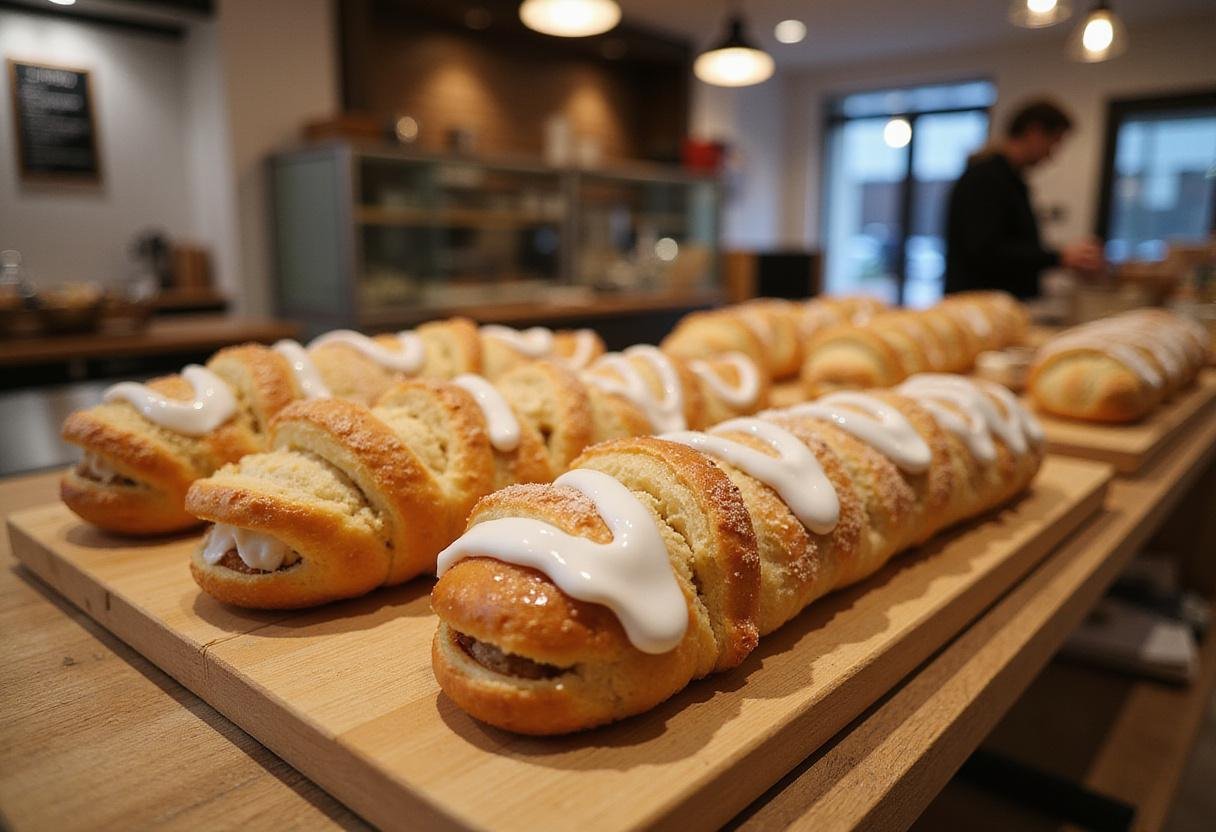 Marcus's Copenhagen Danish Pastries, a gourmet Danish pastry display in a Scandinavian bakery setting, showcasing flaky, golden layers and icing.