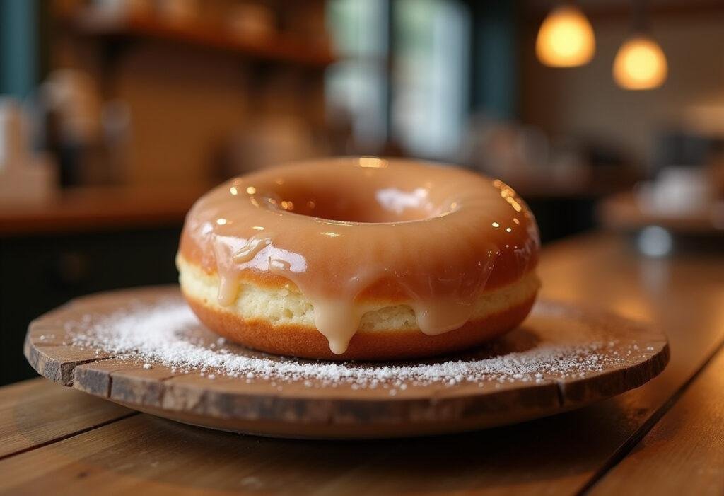 Delicious glazed donut inspired by The Bear TV show, featuring a shiny glaze and cozy bakery scene.