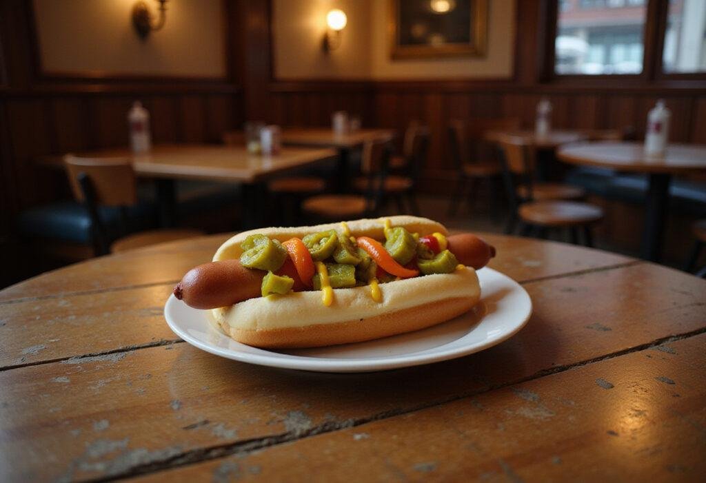 Chicago-style hot dog displayed on a wooden table, garnished with pickles, peppers, and mustard in a cozy Chicago-themed setting inspired by The Bear.
