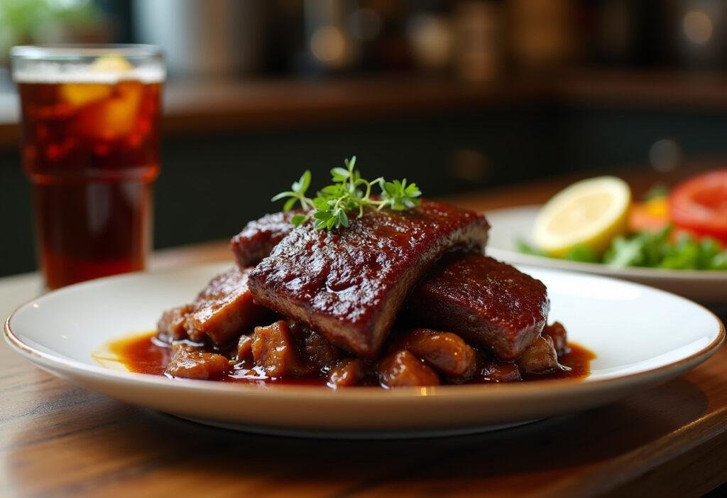 Delicious cola-braised short ribs from The Bear Sydney's Chaos Menu, plated in a cozy kitchen setting inspired by Sydney Adamu's culinary style.