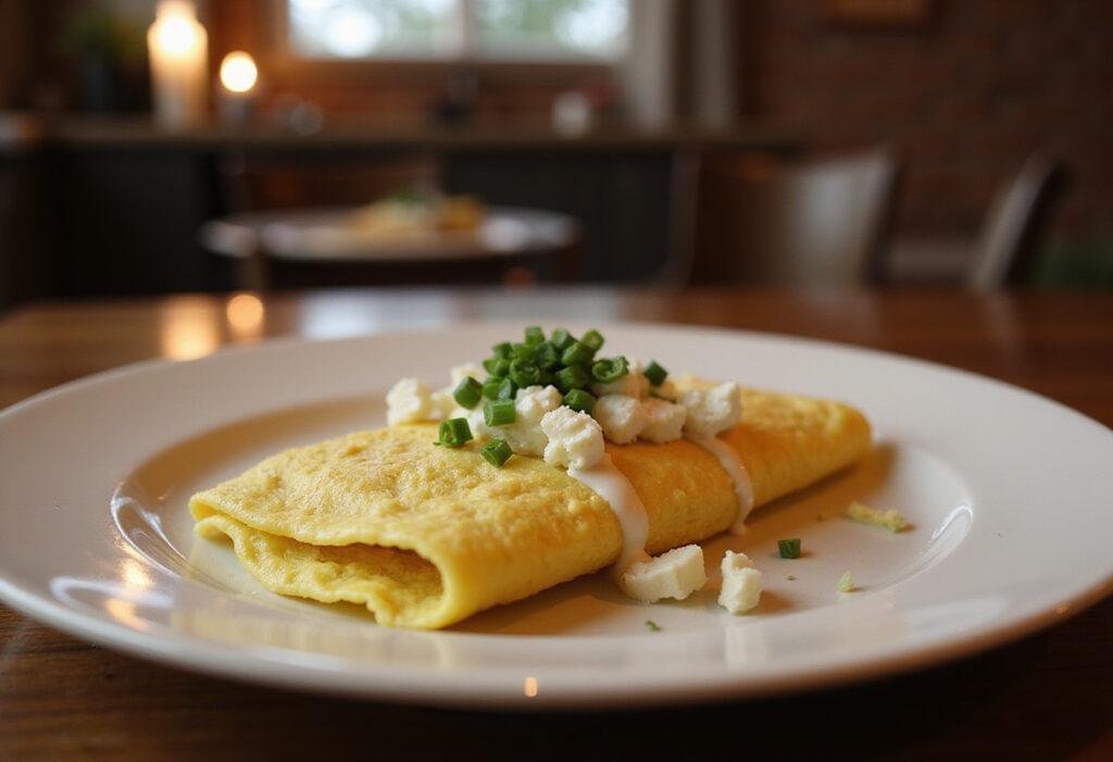 The Bear Sydney's Omelette with Boursin and Chives - a fancy omelette served in a cozy, stylish kitchen setting