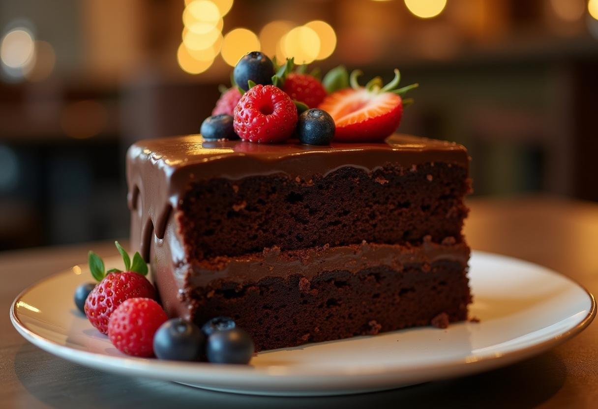 Chocolate cake inspired by The Bear TV show, featuring glossy ganache and fresh berries, served in a cozy restaurant setting for a delicious dessert.