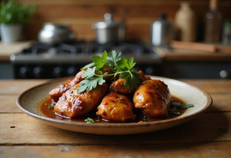 The Bear Tina's Family Meal Chicken Adobo served in a cozy kitchen, showcasing tender chicken glazed with savory sauce and fresh herbs, inspired by Tina Marrero's food.