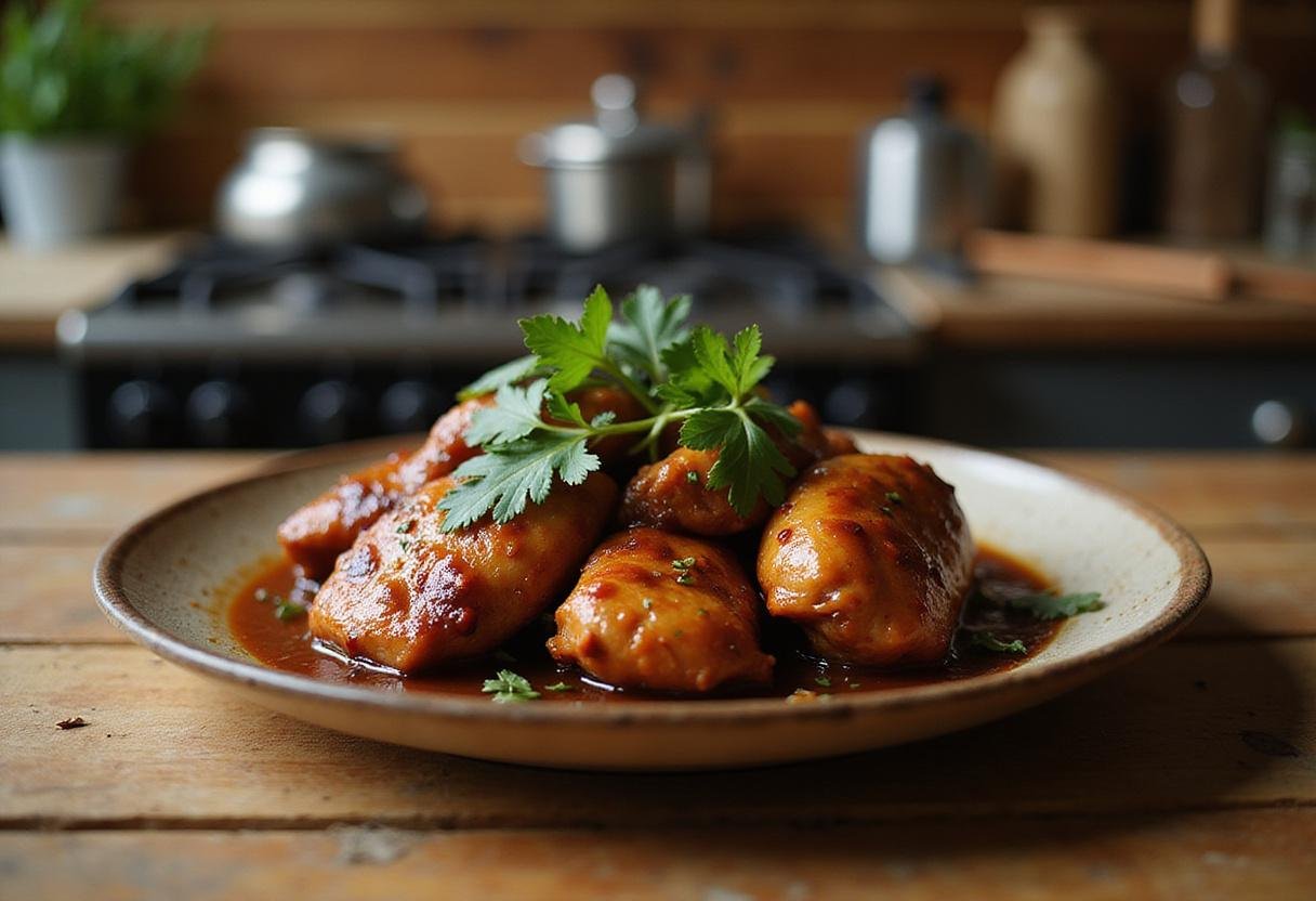 The Bear Tina's Family Meal Chicken Adobo served in a cozy kitchen, showcasing tender chicken glazed with savory sauce and fresh herbs, inspired by Tina Marrero's food.