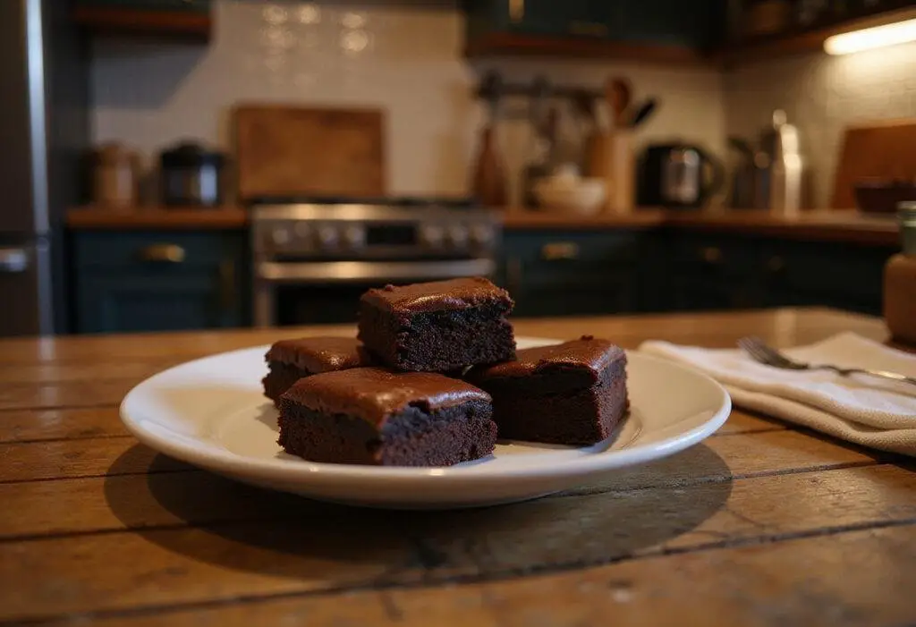 The Bear's Stressed Out Espresso Brownies served on a rustic wooden table, showcasing rich and fudgy espresso brownies in a cozy, TV-inspired kitchen setting.