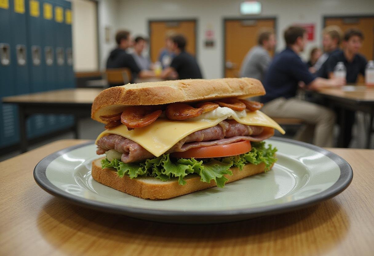 The Breakfast Club's Detention Sandwich plated in a nostalgic 80s school lunch setting, highlighting a classic lunch sandwich from the movie.