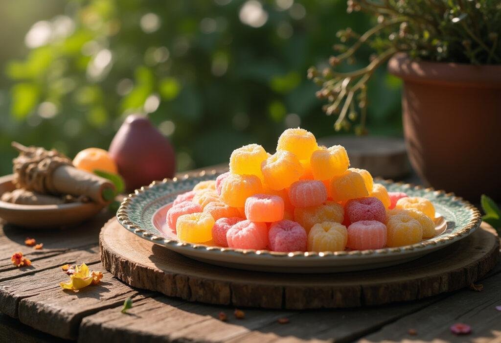 Turkish delight inspired by The Chronicles of Narnia on a rustic table scene, featuring colorful confections in a magical Narnia-themed setting