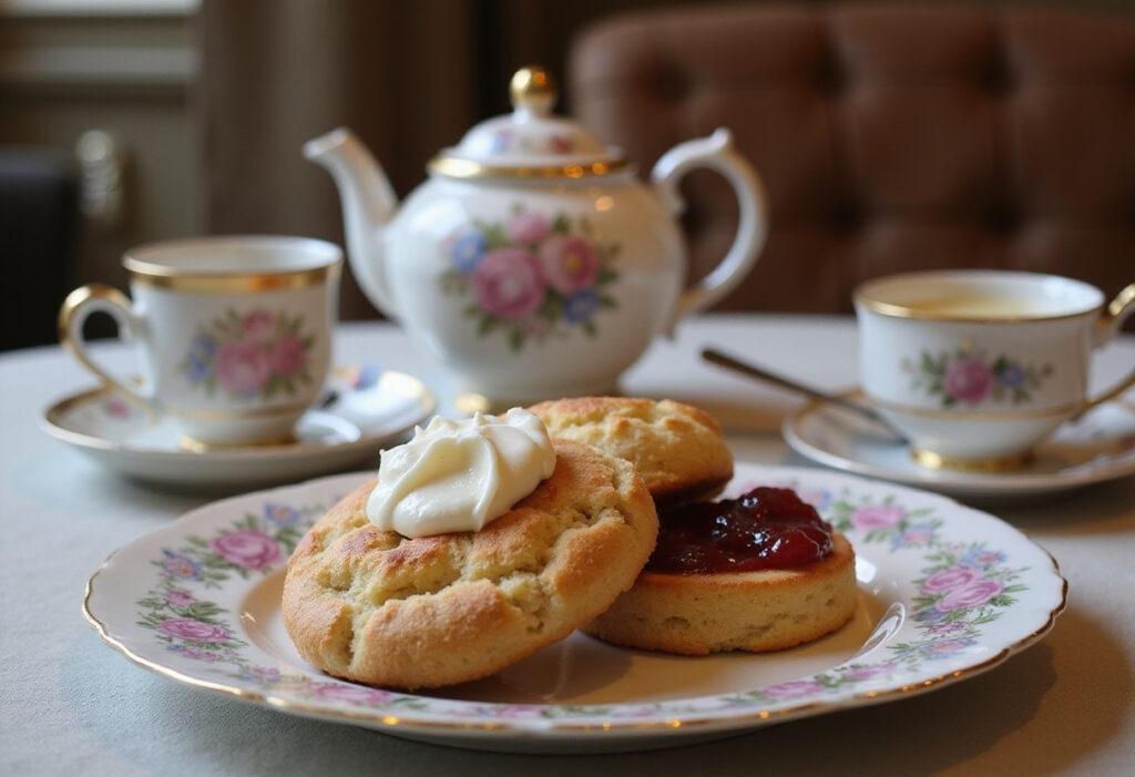 The Crown's Royal Scones with Clotted Cream and Jam served in a luxury tea room inspired by British royalty.