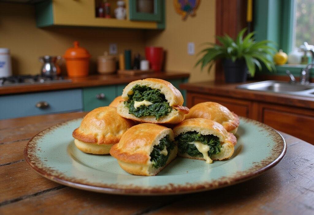 Delicious spinach puffs inspired by The Emperor's New Groove, served on a rustic table in a whimsical kitchen scene