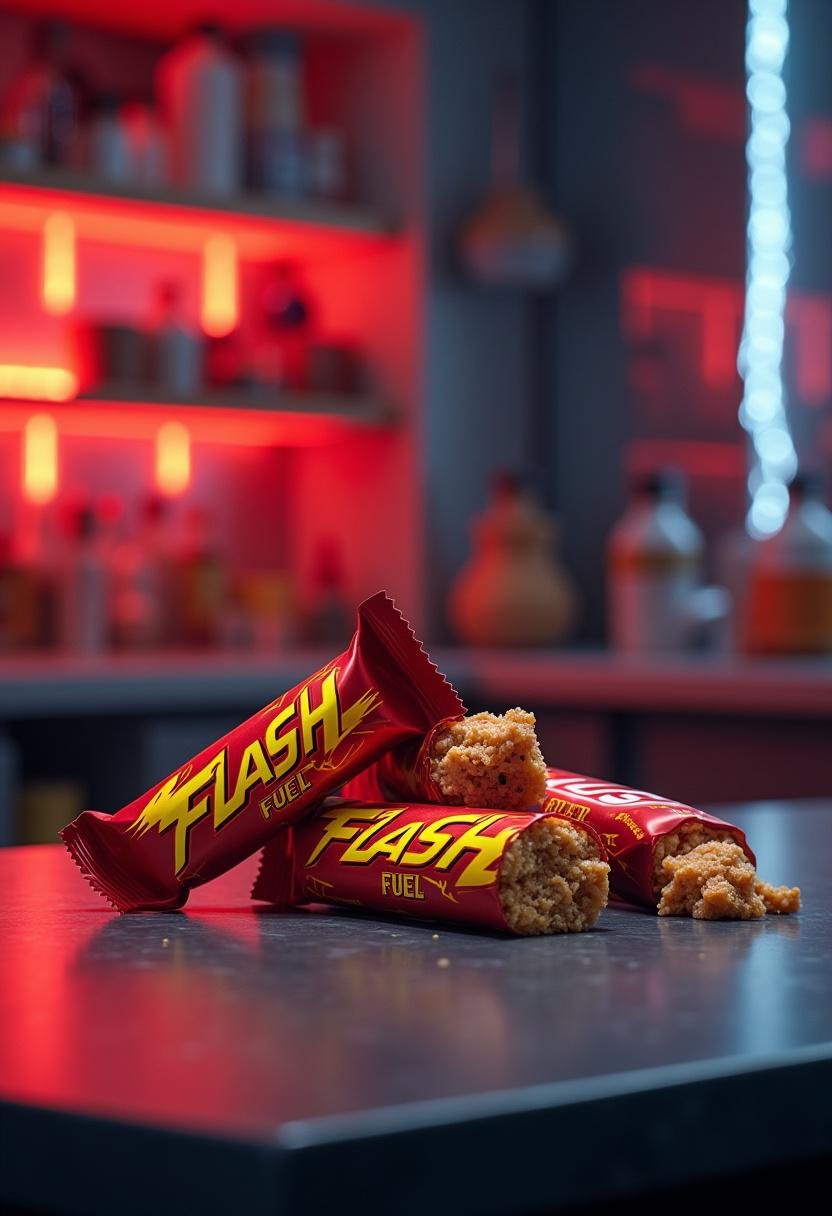 The Flash Barry Allen's Flash Fuel Energy Bars laid out on a modern lab countertop, vibrant with superhero-themed packaging inspired by The Flash.