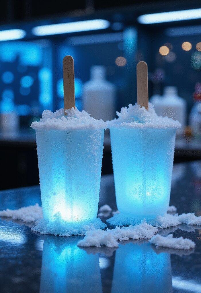 The Flash Caitlin Snow's Killer Frost Ice Pops in a modern kitchen setting, showcasing vibrant frozen treats with a frosty glow inspired by Central City.