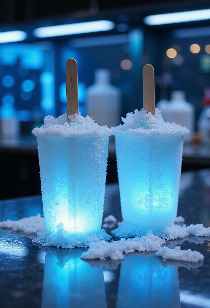 The Flash Caitlin Snow's Killer Frost Ice Pops in a modern kitchen setting, showcasing vibrant frozen treats with a frosty glow inspired by Central City.