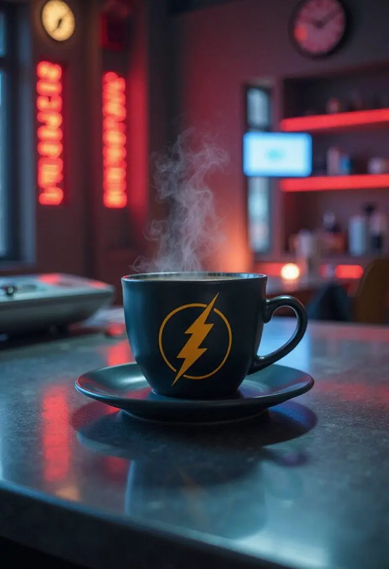 The Flash Central City Jitters Coffee served in a lightning bolt logo cup in a futuristic laboratory scene inspired by The Flash series.
