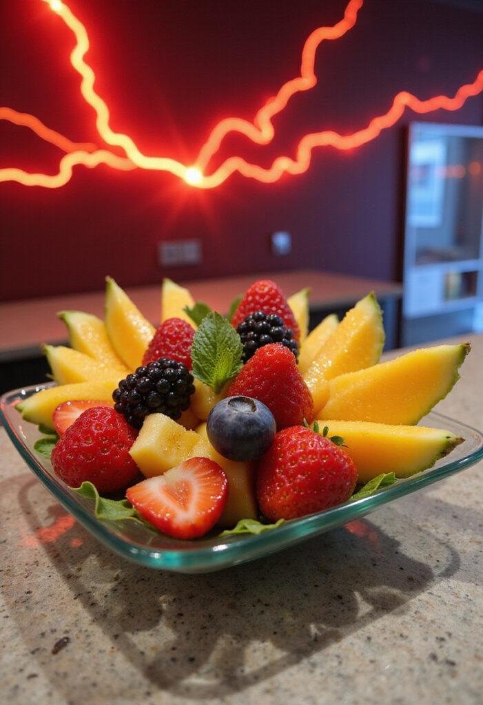 The Flash Cisco's Vibe Vibe-rant Fruit Salad on a glass plate with fresh berries and tropical fruits, inspired by The Flash's speed and energy theme.