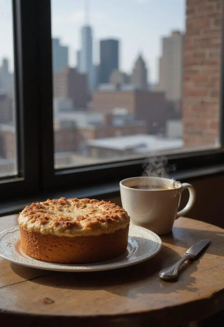 Iris West's Reporter's Coffee Cake on a wooden table in Central City inspired by The Flash TV show, with coffee and cityscape background