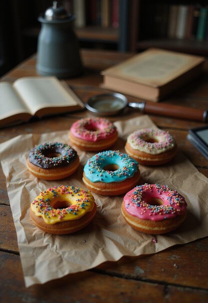 The Flash Joe West's Detective Donuts displayed on a wooden table in a crime investigation setting, colorful frosting and sprinkles, realistic style