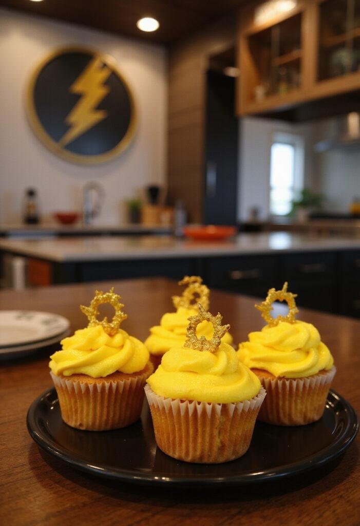 The Flash Reverse-Flash Yellow Velvet Cupcakes on a black platter in a modern kitchenInspired by the Flash TV series with speed-themed decor
