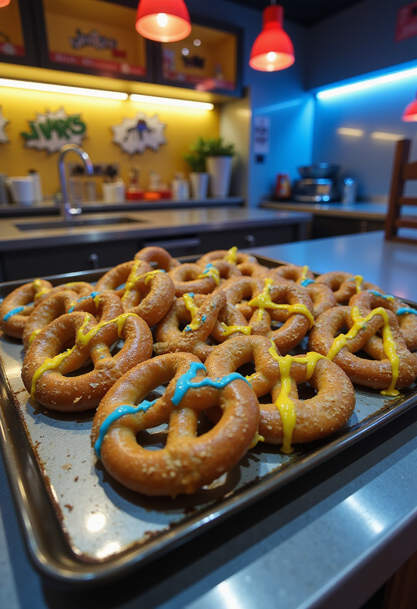 The Flash Speed Force Lightning Bolt Pretzels on a superhero-themed tray, golden pretzels with lightning-shaped icing in a vibrant kitchen setting.