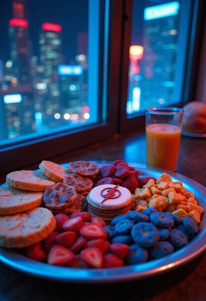 The Flash Rogues Gallery Snack Platter with themed snacks and fruits in a superhero hideout setting.