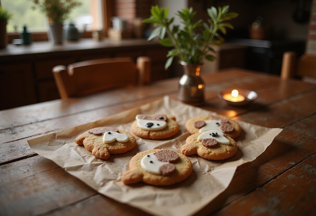 Friendship cookies inspired by The Fox and the Hound on a rustic table, featuring fox and hound motifs, in a cozy kitchen setting.