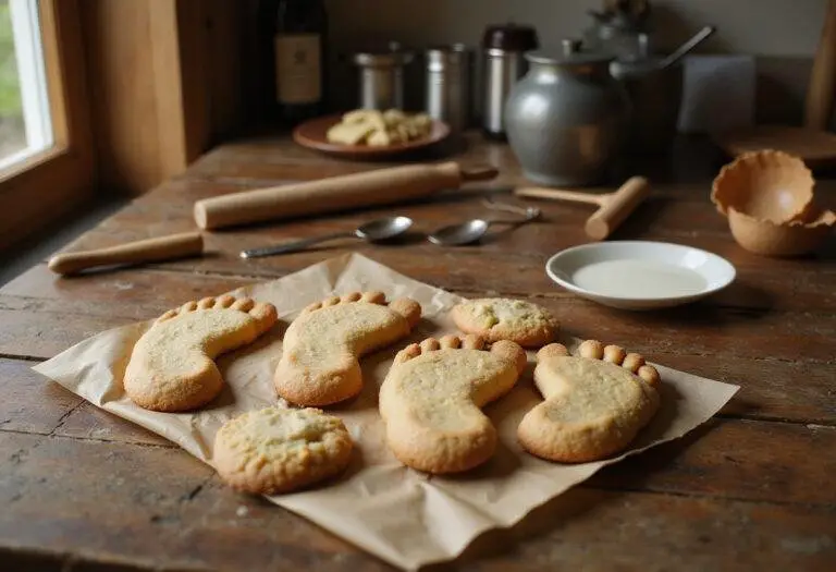 Dinosaur footprint cookies inspired by The Good Dinosaur movie, realistic cookies on a rustic table, perfect kids party food.