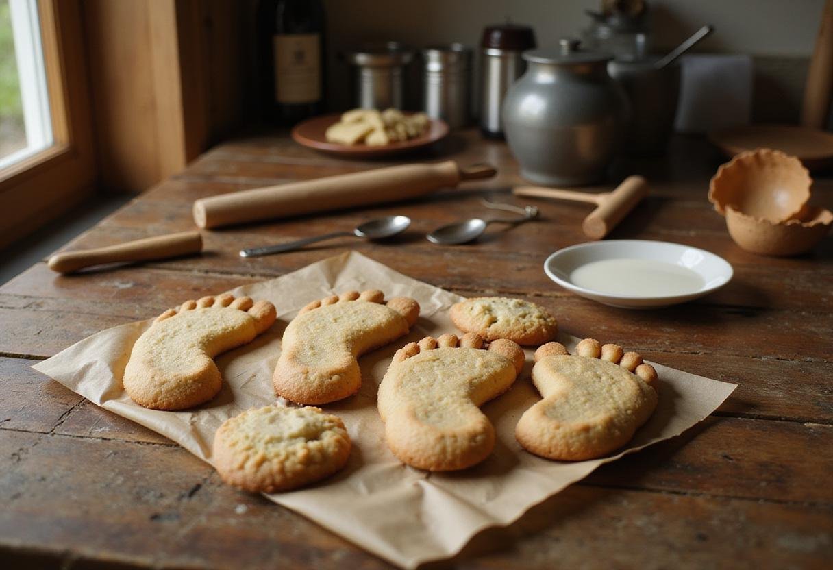 Dinosaur footprint cookies inspired by The Good Dinosaur movie, realistic cookies on a rustic table, perfect kids party food.