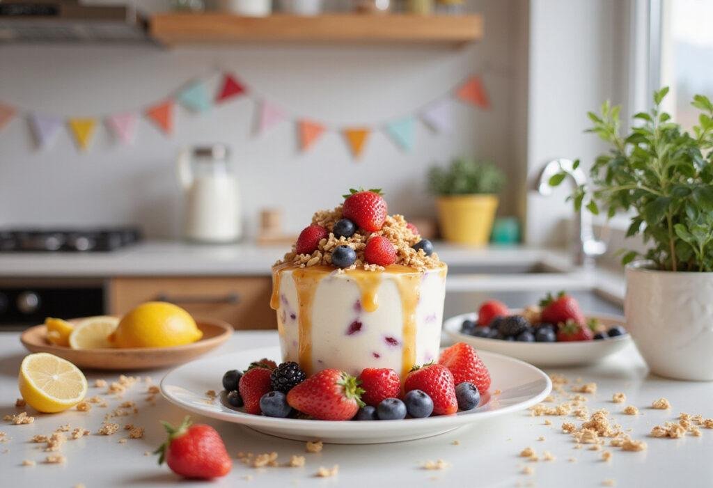 Frozen yogurt decorated with berries and granola on a modern kitchen counter inspired by The Good Place TV show, perfect for a themed party.
