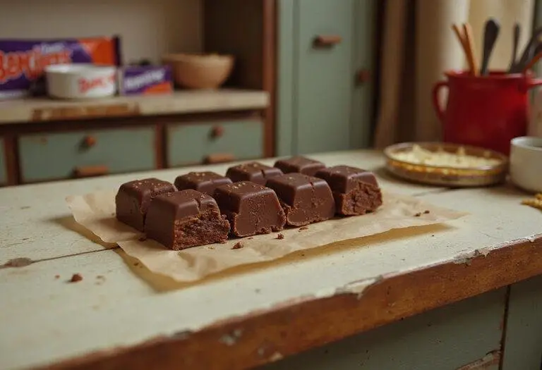 Homemade Baby Ruth chocolate bar inspired by The Goonies movie, realistic scene with retro kitchen setting and nostalgic 80s vibe