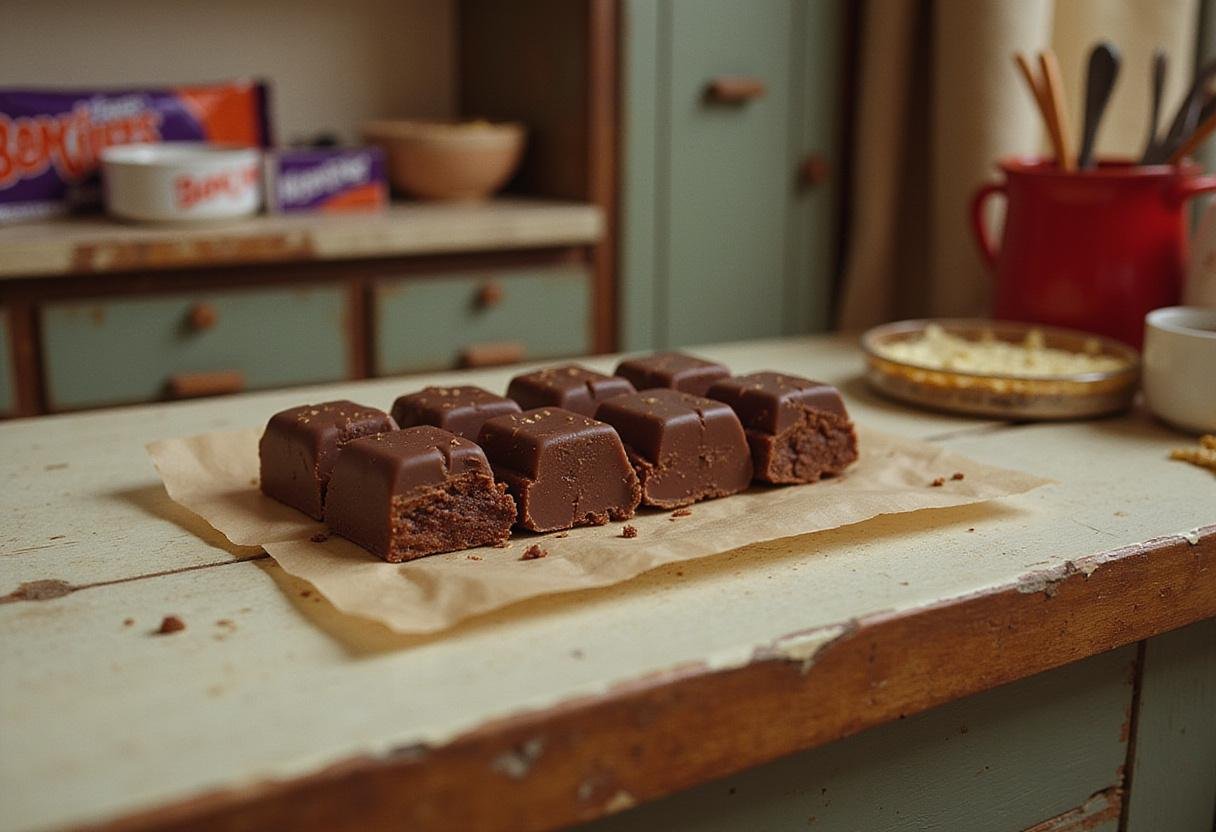 Homemade Baby Ruth chocolate bar inspired by The Goonies movie, realistic scene with retro kitchen setting and nostalgic 80s vibe