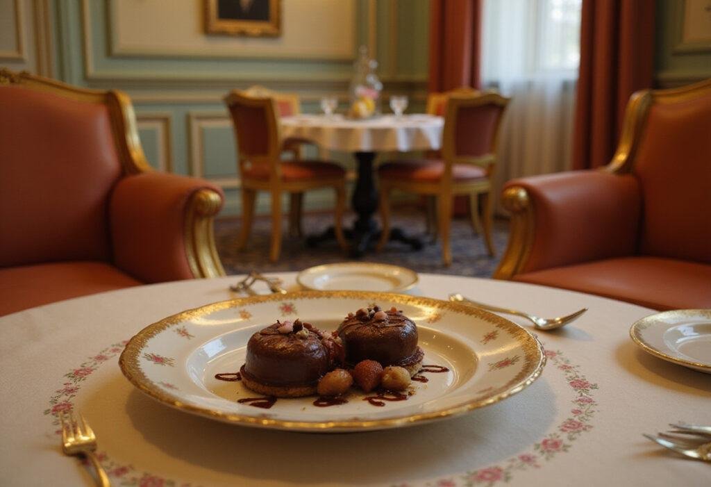 Courtesan au Chocolat dessert plated beautifully in a Wes Anderson-inspired hotel room setting, reflecting The Grand Budapest Hotel's style and elegance.