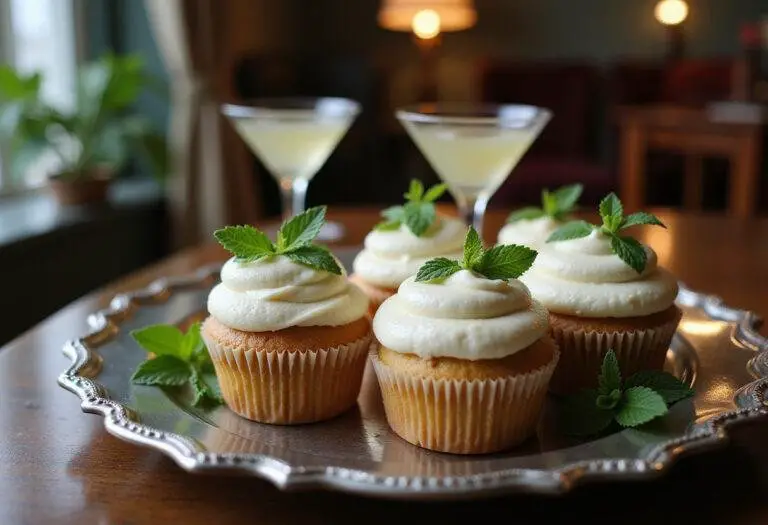 The Great Gatsby's mint julep cupcakes displayed on a vintage platter with mint leaves, perfect for a 1920s party setting