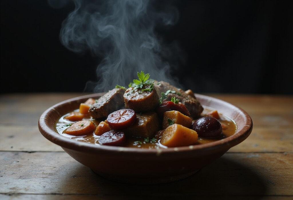 The Hunger Games' Katniss' Lamb Stew with Dried Plums served in a rustic bowl in a themed setting