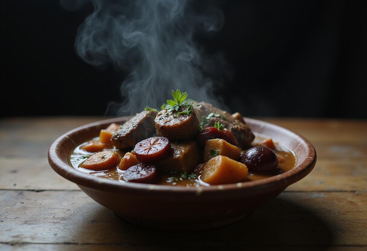The Hunger Games' Katniss' Lamb Stew with Dried Plums served in a rustic bowl in a themed setting