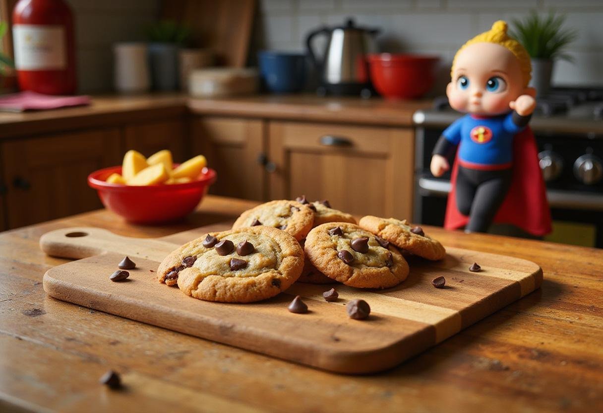 Delicious chocolate chip cookies inspired by Jack-Jack from The Incredibles, shown in a colorful, superhero-themed kitchen scene