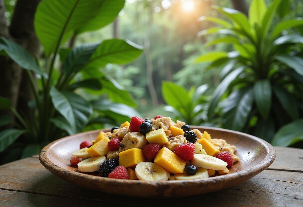 The Jungle Book's Bare Necessities Fruit Salad featuring fresh tropical fruits in a jungle-themed setting for a realistic and enticing visual.