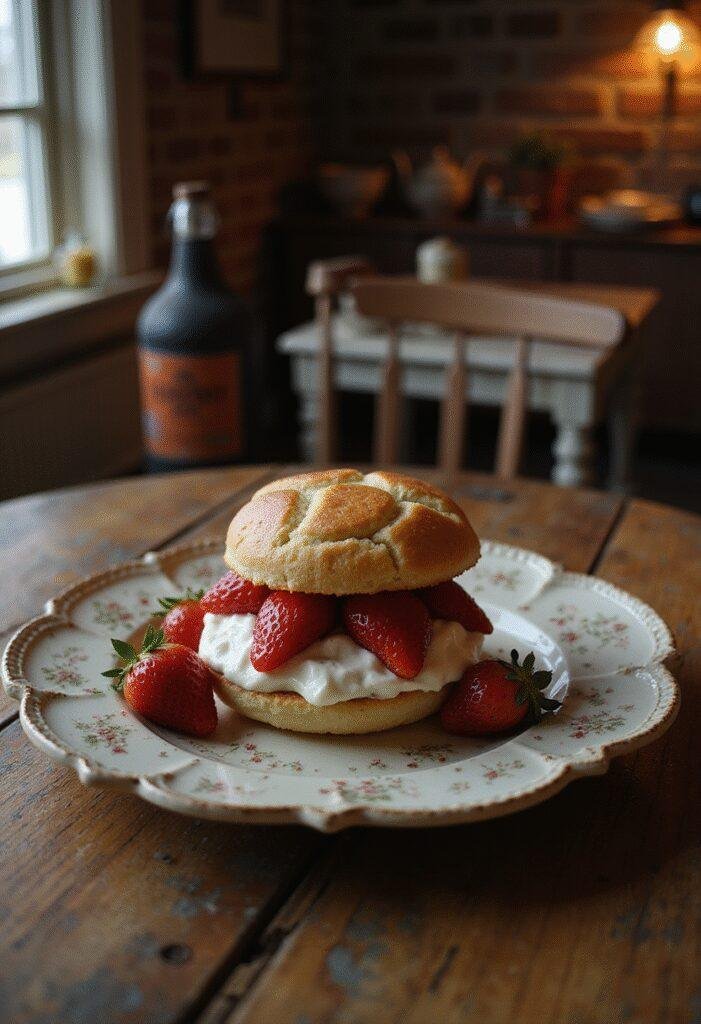 The Last of Us Bill and Frank's Strawberry Shortcake served on a rustic table with fresh strawberries and whipped cream, in a cozy post-apocalyptic setting.