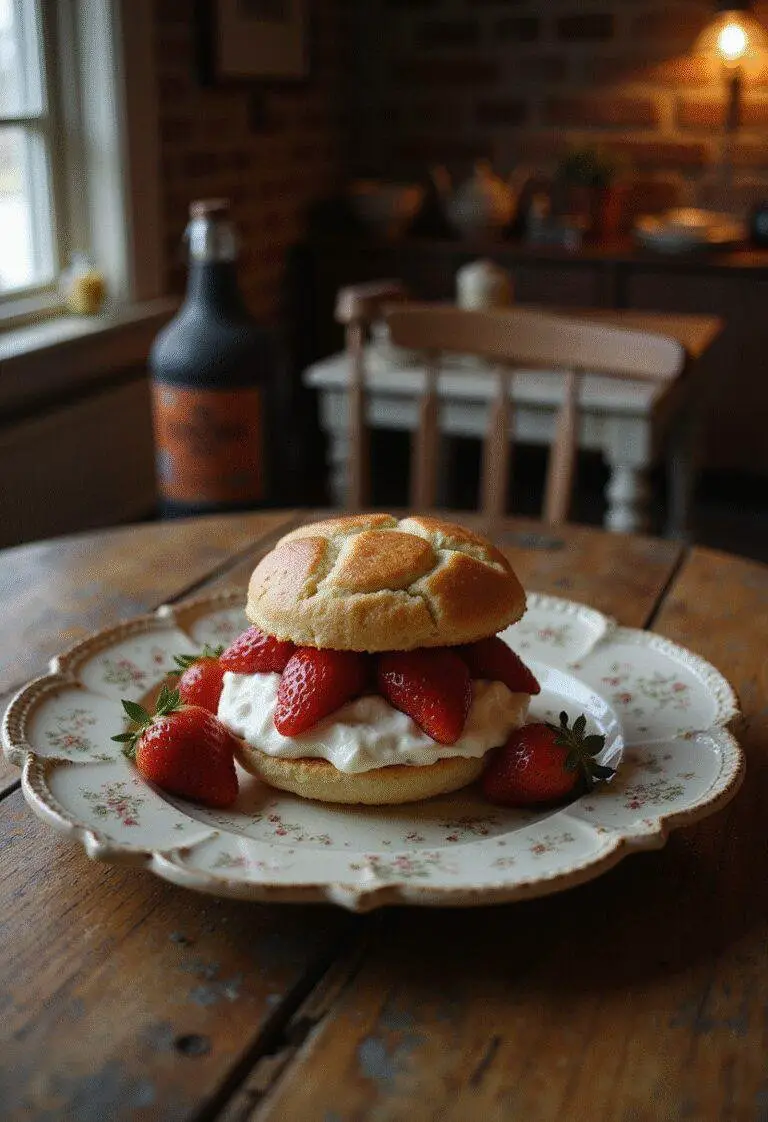 The Last of Us Bill and Frank's Strawberry Shortcake served on a rustic table with fresh strawberries and whipped cream, in a cozy post-apocalyptic setting.
